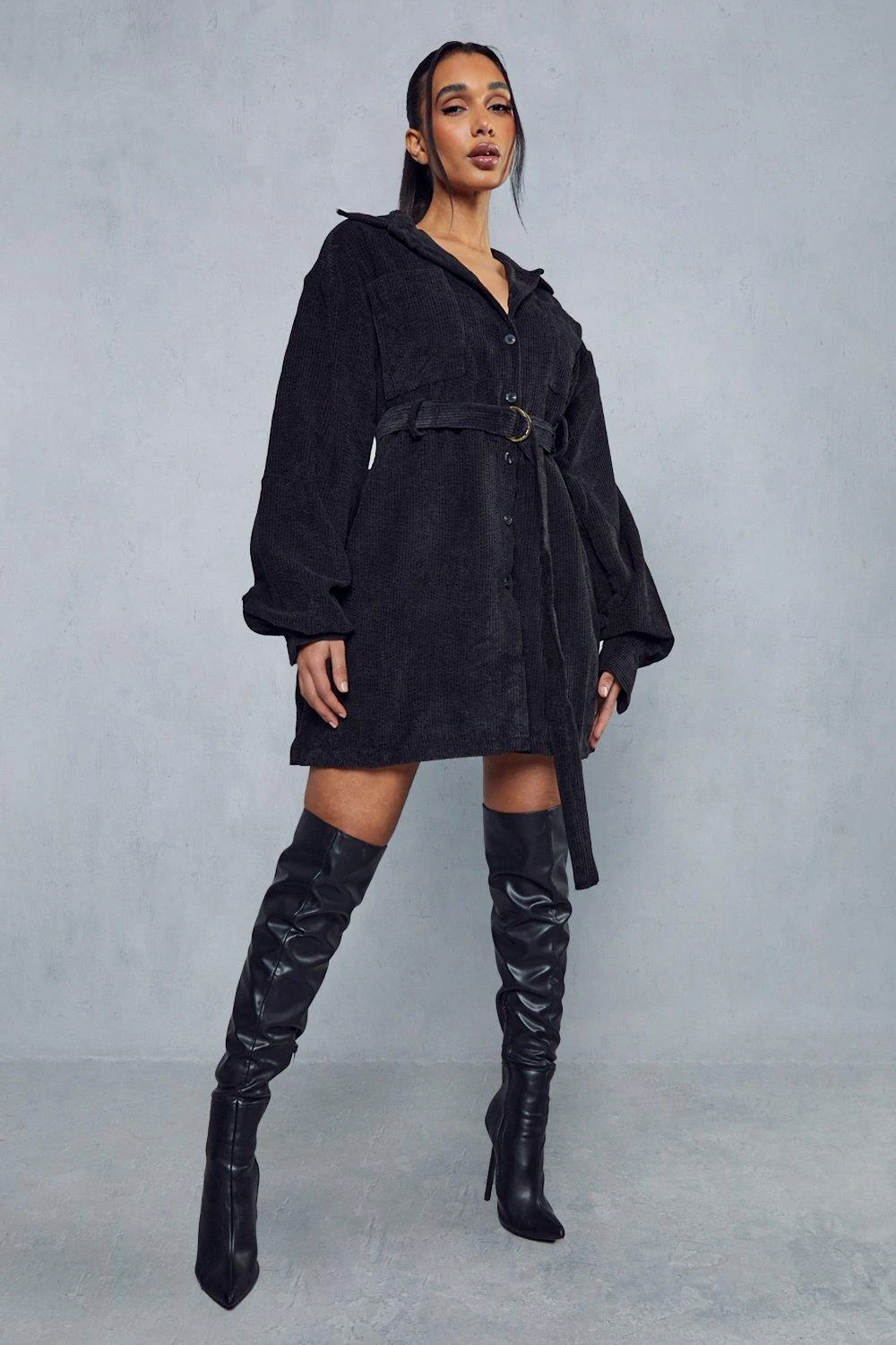 Balloon Sleeve Belted Cord Dress 1 Balloon Sleeve Belted Cord Dress