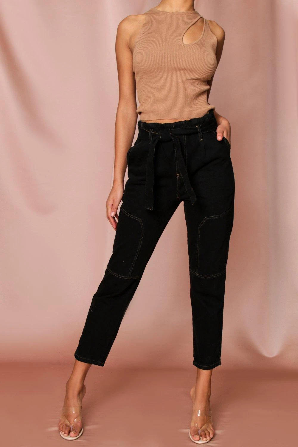 Contrast Stitch Belted Mom Jean 1 Contrast Stitch Belted Mom Jean
