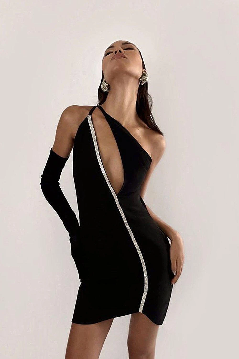 Diamante Trim Asymmetric Neck Mini Dress 1 Diamante Trim Asymmetric Neck Mini Dress