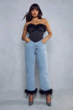 Feather Trim Straight Leg Jean