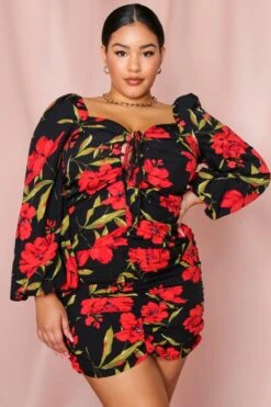 Floral Ruched Fruit Balloon Sleeve Dress