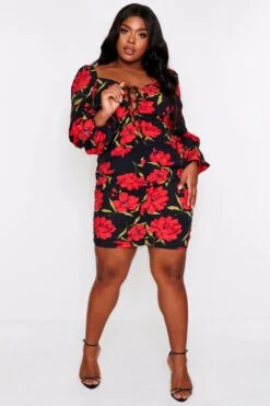 Floral Ruched Fruit Balloon Sleeve Dress -Cheap Dress Store black floral ruched fruit balloon sleeve dress 4