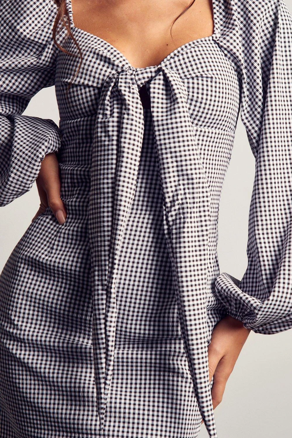 Gingham Tie Front Puff Sleeve Mini Dress 2 Gingham Tie Front Puff Sleeve Mini Dress - Image 2