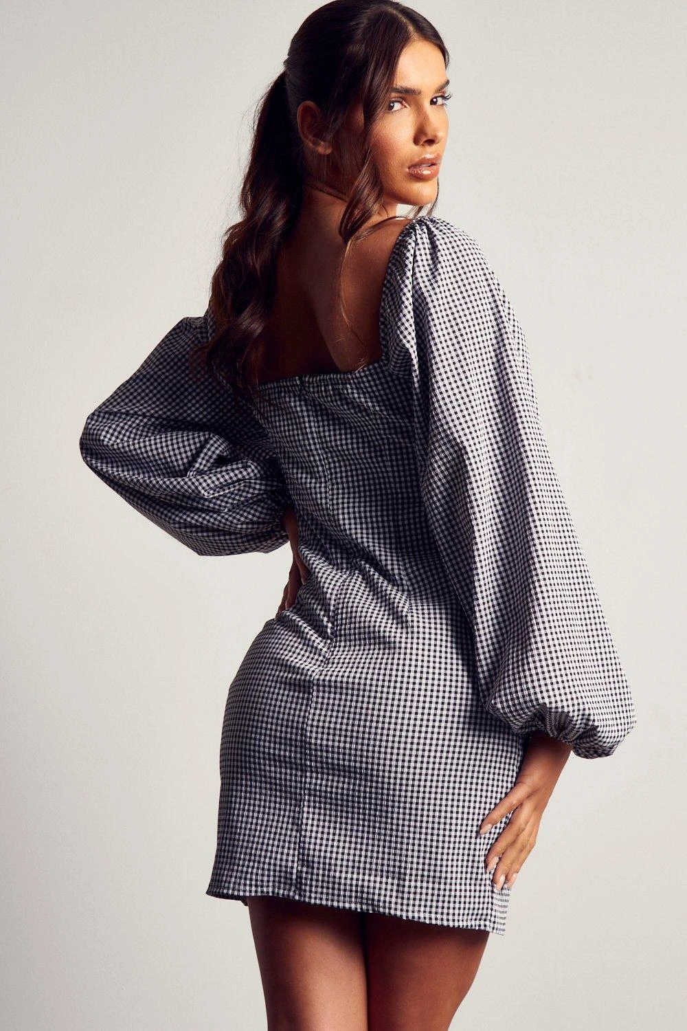 Gingham Tie Front Puff Sleeve Mini Dress 3 Gingham Tie Front Puff Sleeve Mini Dress - Image 3