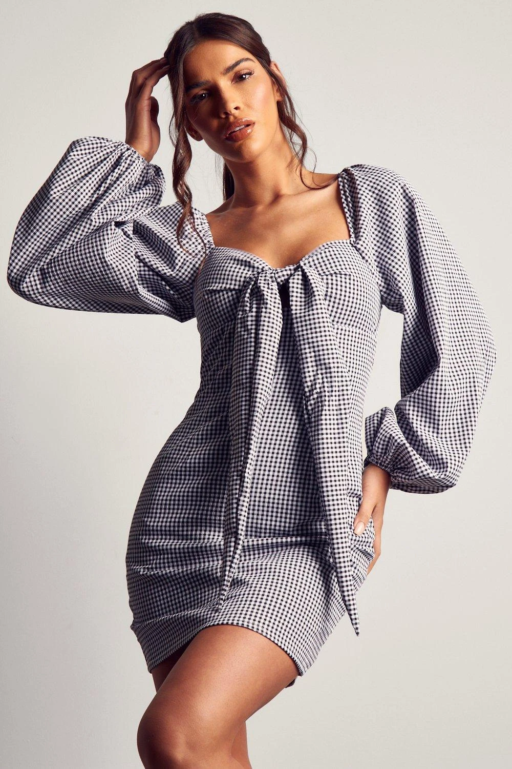 Gingham Tie Front Puff Sleeve Mini Dress 1 Gingham Tie Front Puff Sleeve Mini Dress