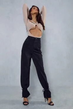 High Waisted Tie Hem Detail Jeans 8 High Waisted Tie Hem Detail Jeans -Cheap Dress Store black high waisted tie hem detail jeans 3