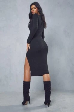Knitted Split Leg Midi Dress -Cheap Dress Store black knitted split leg midi dress 2