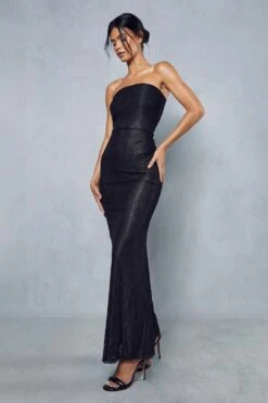 Lace Overlay Mesh Fitted Flare Hem Bandeau Maxi Dress