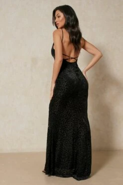 Leopard Velvet Devore Maxi Split Front Dress -Cheap Dress Store black leopard velvet devore maxi split front dress 2