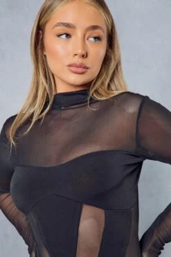 Mesh Panelled Bodycon Mini Dress -Cheap Dress Store black mesh panelled bodycon mini dress 5