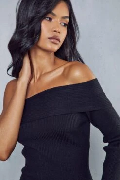One Shoulder Rib Knit Mini Dress -Cheap Dress Store black one shoulder rib knit mini dress 2