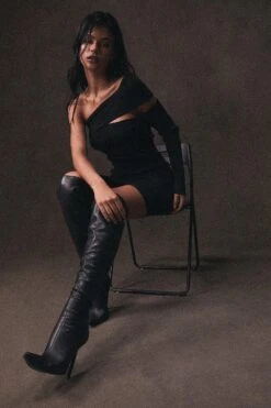 One Shoulder Rib Knit Mini Dress