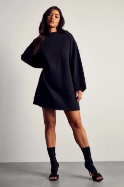 Oversized Raw Hem Sweater Dress -Cheap Dress Store black oversized raw hem sweater dress 4