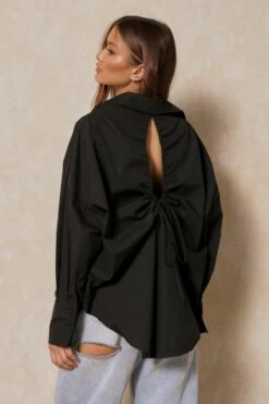 Oversized Ruched Cut Out Back Shirt -Cheap Dress Store black oversized ruched cut out back shirt 2