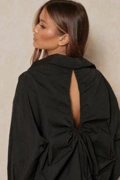 Oversized Ruched Cut Out Back Shirt -Cheap Dress Store black oversized ruched cut out back shirt 4