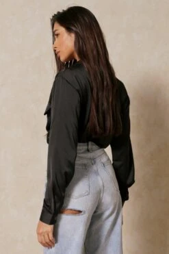 Oversized Satin Utility Shirt -Cheap Dress Store black oversized satin utility shirt 2
