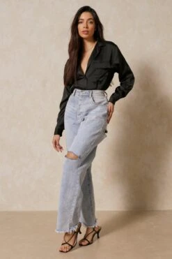 Oversized Satin Utility Shirt -Cheap Dress Store black oversized satin utility shirt 3