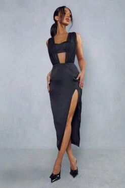 Pleated Plunge Split Leg Bodycon Midi Dress -Cheap Dress Store black pleated plunge split leg bodycon midi dress 3