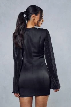 Plisse Sleeve Satin Plunge Mini Dress -Cheap Dress Store black plisse sleeve satin plunge mini dress 2