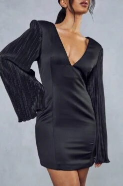 Plisse Sleeve Satin Plunge Mini Dress -Cheap Dress Store black plisse sleeve satin plunge mini dress 4