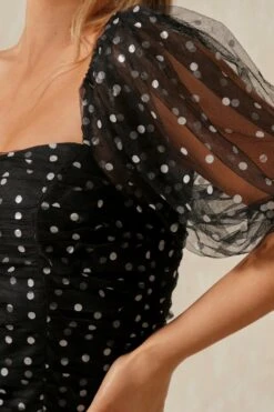 Polka Dot Mesh Ruched Mini Dress -Cheap Dress Store black polka dot mesh ruched mini dress 4