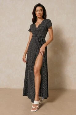 Polka Dot Wrap Front Maxi Dress
