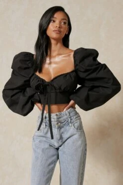 Poplin Ruched Cup Puff Sleeve Crop Top