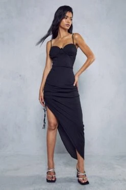 Premium Mesh Corset Ruched Side Midi Dress