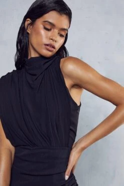 Cheap Dress Store -Cheap Dress Store black premium mesh ruched asymmetric high neck mini dress 1