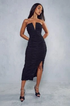Premium Mesh V Bar Ruched Midaxi Dress