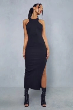 Premium Ribbed Racer Neck Split Leg Midaxi Dress