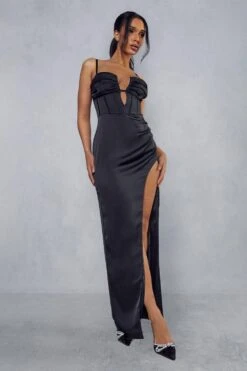 Premium Satin Corseted Plunge Split Leg Maxi Dress