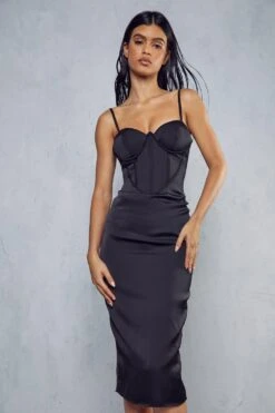 Premium Satin Corsetry Bodycon Midi Dress -Cheap Dress Store black premium satin corsetry bodycon midi dress 4