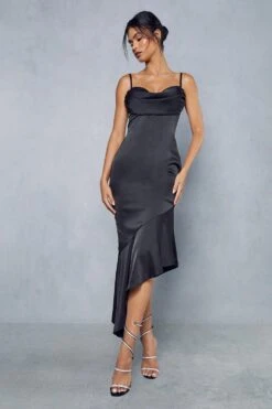 Cheap Dress Store -Cheap Dress Store black premium satin draped bust frill hem midi dress 1