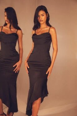 Premium Satin Draped Bust Frill Hem Midi Dress