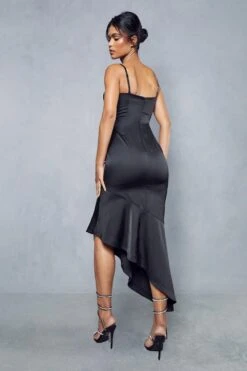 Premium Satin Draped Bust Frill Hem Midi Dress -Cheap Dress Store black premium satin draped bust frill hem midi dress 3