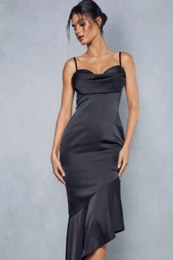 Premium Satin Draped Bust Frill Hem Midi Dress -Cheap Dress Store black premium satin draped bust frill hem midi dress 5