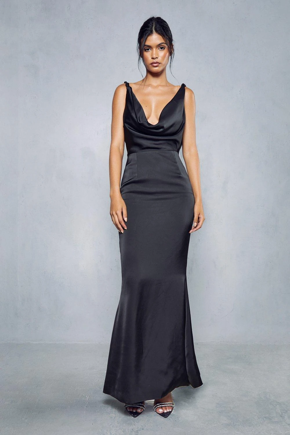 Premium Satin Knot Detail Cowl Neck Maxi Dress 1 Premium Satin Knot Detail Cowl Neck Maxi Dress
