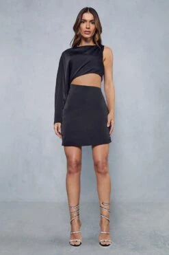 Premium Satin Twist Shoulder Cut Out Mini Dress -Cheap Dress Store black premium satin twist shoulder cut out mini dress 3
