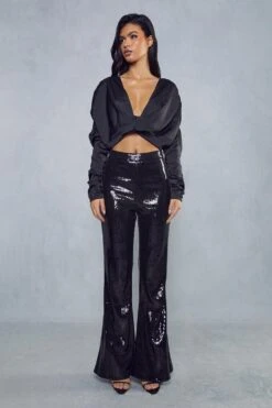 Premium Satin V Bar Draped Top -Cheap Dress Store black premium satin v bar draped top 3