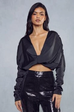 Premium Satin V Bar Draped Top -Cheap Dress Store black premium satin v bar draped top 4