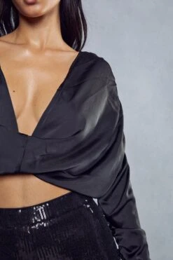 Premium Satin V Bar Draped Top -Cheap Dress Store black premium satin v bar draped top 5