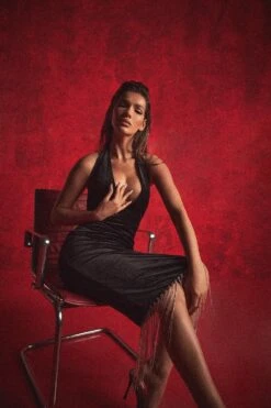 Premium Velvet Diamante Trim Midi Dress