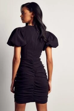 Puff Sleeve Plunge Ruched Mini Dress 7 Puff Sleeve Plunge Ruched Mini Dress -Cheap Dress Store black puff sleeve plunge ruched mini dress 2