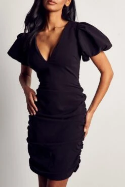 Puff Sleeve Plunge Ruched Mini Dress 9 Puff Sleeve Plunge Ruched Mini Dress -Cheap Dress Store black puff sleeve plunge ruched mini dress 4