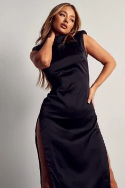 Recycled Satin Sleeveless Split Maxi Dress -Cheap Dress Store black recycled satin sleeveless split maxi dress 4