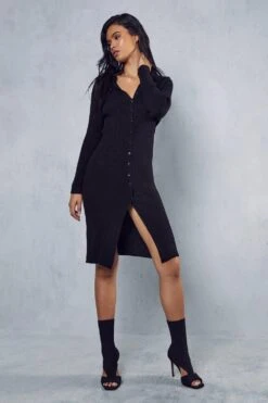 Rib Knit Long Sleeve Dress -Cheap Dress Store black rib knit long sleeve dress 3