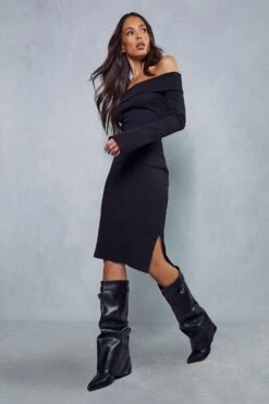 Rib Off The Shoulder Long Sleeve Midi Dress 9 Rib Off The Shoulder Long Sleeve Midi Dress -Cheap Dress Store black rib off the shoulder long sleeve midi dress 3