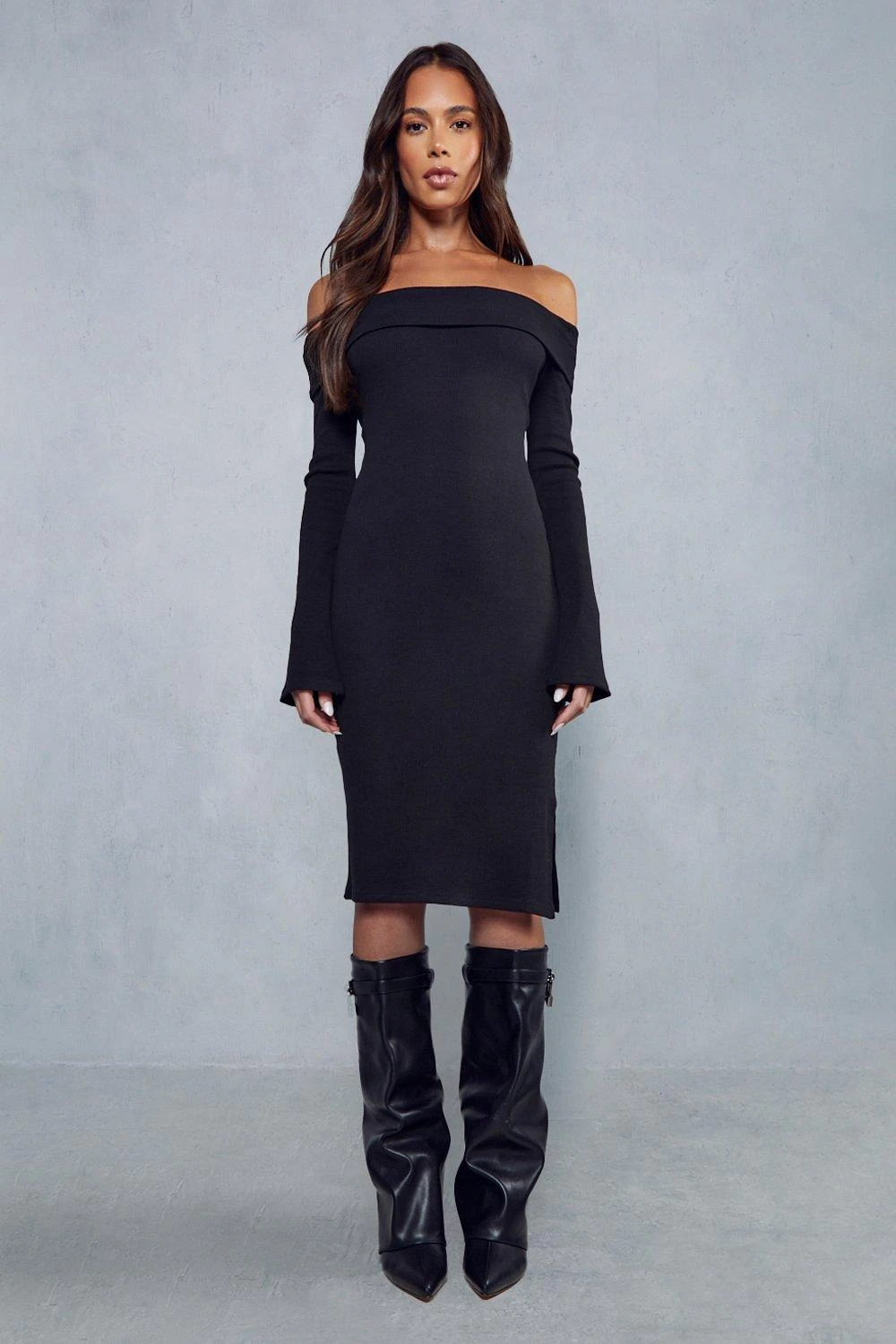 Rib Off The Shoulder Long Sleeve Midi Dress 1 Rib Off The Shoulder Long Sleeve Midi Dress