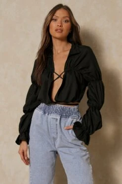 Ruched Tie Front Balloon Sleeve Blouse